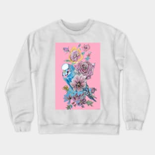 Blue Budgie and Rose Watercolor Painting on Pink Crewneck Sweatshirt